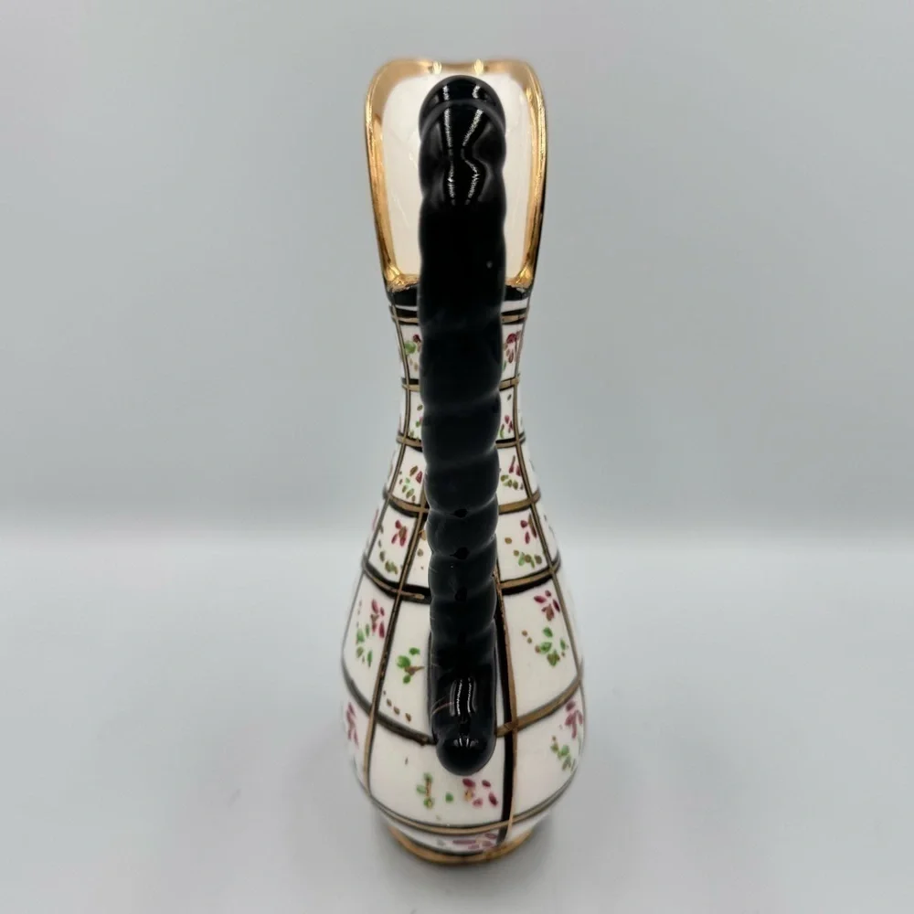 Vintage Japanese Style Hand Painted Black & White Porcelain Floral Ewer